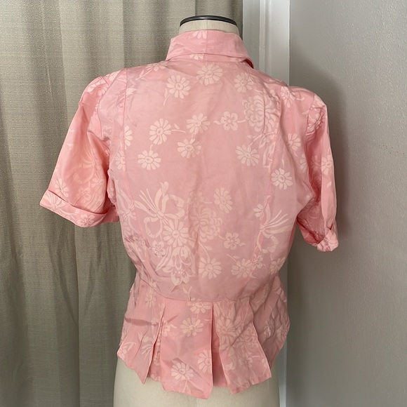 Vintage 1940s Pink Taffeta Flower & Bow Novelty Print Blouse -Peplum Puff Sleeve - Picture 4 of 16